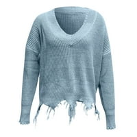 Пуловери за худи за жени свободни небрежни v врат пуловер хем ресни твърди цветен плетен пуловер