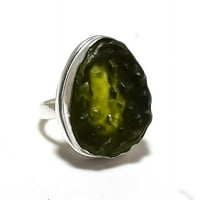 Молдавит кварцов скъпоценен камък ръчно изработен стерлингов сребърен пръстен с размер 6.5