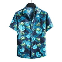 Мъжки хавайски плажни тениски извънгабаритни годни тропически листа печат небрежен бутон надолу с къс ръкав тениска за свободното време стилен лек връх тъмно син xxxxxxl