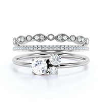 Уникален каменна минималистичен 1. Карат кръг отрязани диамантен мосанит годежен пръстен, трилогия, сватбен пръстен в сребро със стерлинги с 18K подарък за бяло злато за нея, трио комплект, съвпадаща лента