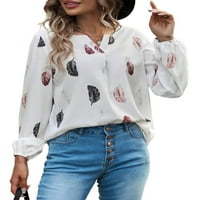 Luxplum дамска тениска перо щампа тениска с дълъг ръкав Tee Loose Tunic Blouse Dailywear Pullover White L