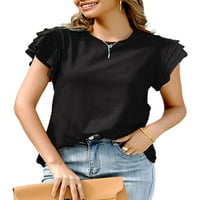 Тениска с къси ръкави за жени, летен плътно цвят кръгла шия пухкав пуловер