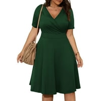 Usmixi дамски рокли империя талия небрежна джобна люлка плюс размери рокли с къс ръкав v-образен солиден летен рокля на коляното зелено xxxxxl