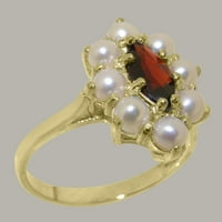 Британски направен 18K Жълто златен пръстен с естествен гранат и култивиран перлен женски пръстен - Опции за размер - размер 7.25