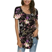 Жени модни отпечатани ежедневни кръгли шия къс ръкав плисирана свободна удобна тениска блуза върхове пролетна спестяваща продажба