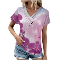 Женски върхове и блуза ежедневни облечени къси ръкави цветен блок бутон за печат v Графика на шията тениска модерна спокойна монтирана уютна туника тениски риза горещо розово xl