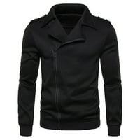 Symoid Mens Небрежни палта и якета- Небрежна мода Pure Color Zipper Lapel Sweatshirt Tops Black XL