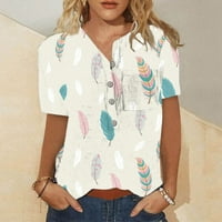 Дамски върхове с къс ръкав отпечатана блуза ежедневни жени лято тениски с тениски с V-образно деколте циани 2xl