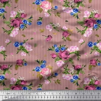 Soimoi Orange Moss Georgette Fabric Stripe, Cyclamen & Rose Floral Printed Lard Wide