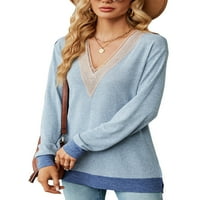 Glonme жени тениска v шия туника блуза с дълъг ръкав дами дами ежедневни пуловер удобен цветен блок тий светло син xl