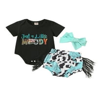 Baby Girls Summer Outfit Cets Черно писмо с къс ръкав за печат + къси панталони за крави + лента за глава