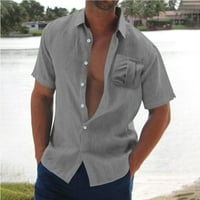 Мъжки ризи летни спортни ризи за мъже ежедневна солидна риза подгъва джобни късо ръкав запушване на яка риза Официална риза сиво m