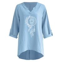 тениски на Wozhidaoke за жени дамски дълъг ръкав v Врат флорален отпечатан нередовен подгъв тениска тениска ежедневни ризи тий блуза небесно синьо l