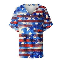 Дамски блузи Женски летни върхове Небрежни модни къси ръкав v Тениска на врата Голяма американска флаг печат горен страничен цеп патриотична независимост Ден на п?