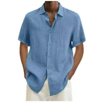Cllios Мъжки памучни ленени ризи Небрежен копче с риза Солидна къса ръкав плаж топ ревера кубински тениски