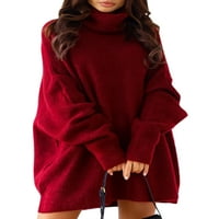Niuer дами плетени пуловери твърд цветен пуловер с висока шия джъмперни върхове разхлабени пуловер с дълъг ръкав червен 2xl